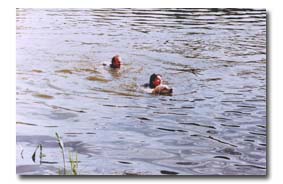 Batrice Saulnier (Juliette Binoche) und Henry Harrison (William Hurt) mit Hund schwimmend im Wasser